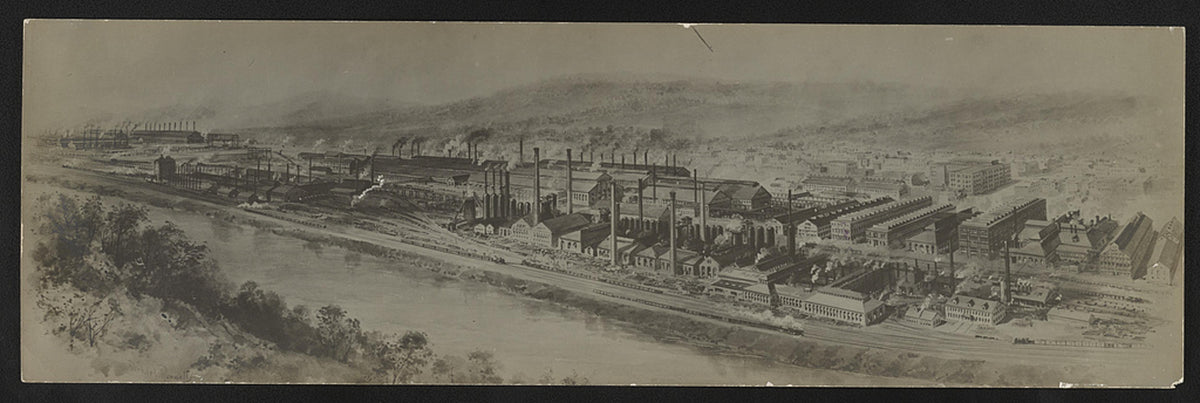 Richard Rummell bird's-eye view of the Bethlehem Steel works along the Lehigh River