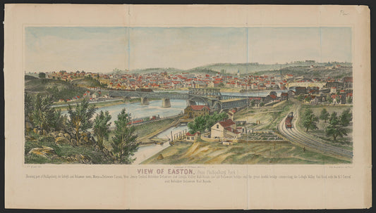 View of Easton from Phillipsburg Rock, hand-colored 19th-century lithograph