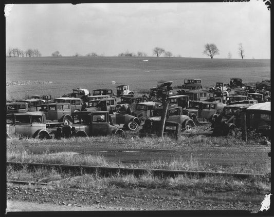 Vintage car junkyard field photograph