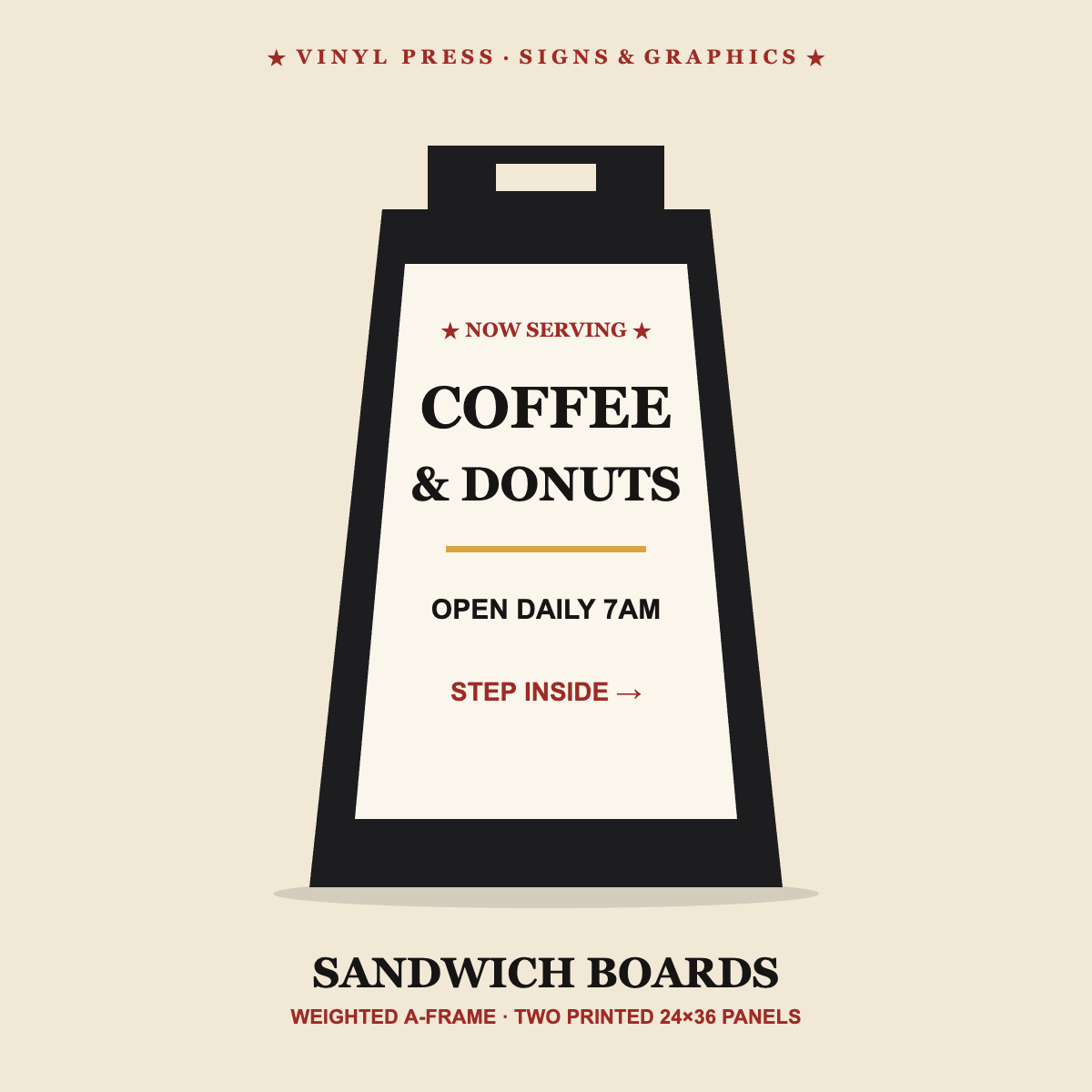 A-frame sandwich board sign with custom printed panels for an Easton PA storefront