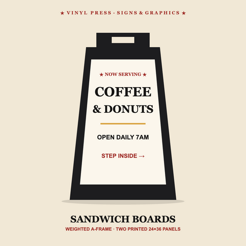 A-frame sandwich board sign with custom printed panels for an Easton PA storefront