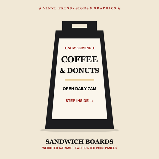 A-frame sandwich board sign with custom printed panels for an Easton PA storefront