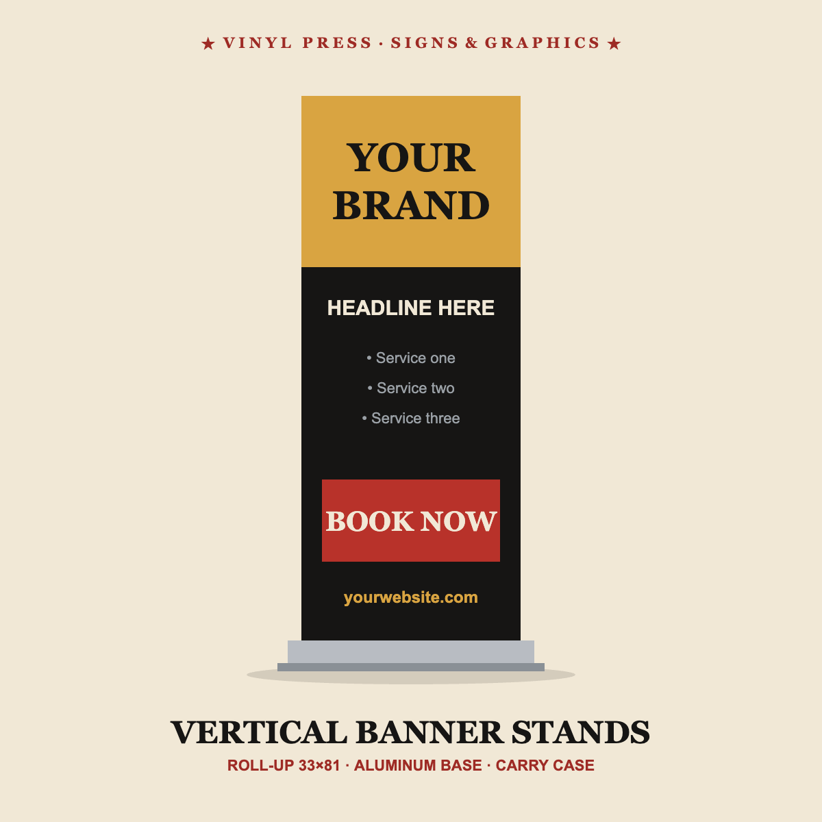 Vertical roll-up banner stand with printed banner, Easton PA trade show display