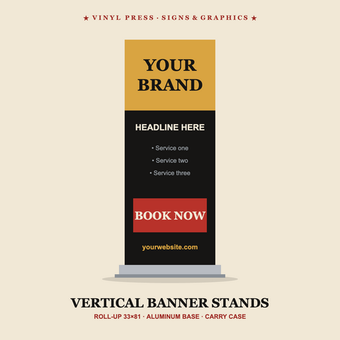 Vertical roll-up banner stand with printed banner, Easton PA trade show display