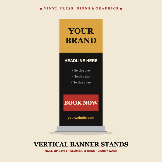Vertical roll-up banner stand with printed banner, Easton PA trade show display